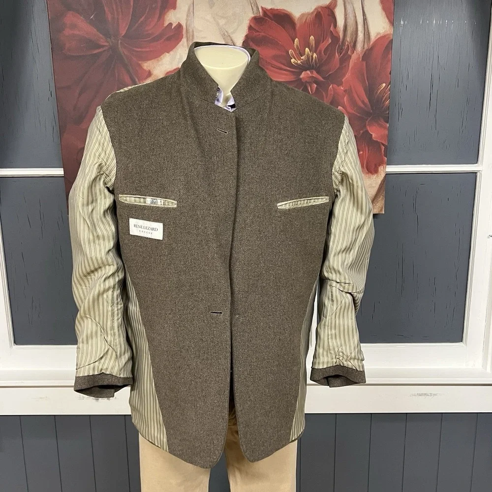 Vintage‎ Rene Lezard Ventless Blazer Sport Coat Mens 40R Wool Tan Jersey Flannel